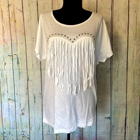 Adidas Neo X Selena Gomez Top Womens Large White Embellished Fringe T-Shirt - Picture 1 of 6